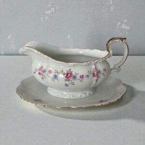 Vintage Edelstein Bavaria Florence Gravy Boat with Underplate Floral Gold Trim